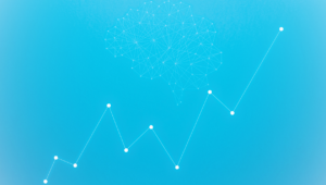 A blue background with white technical connections on it as well as a a graph that rises upwards.